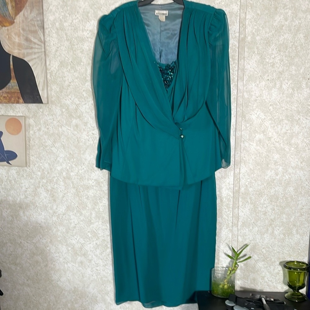 Teal Green Knee-length Pencil Skirt & Beaded Blazer Set Business Party Wedding